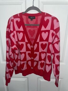 Heart-Print V-Neck Cardigan in Red and Pink